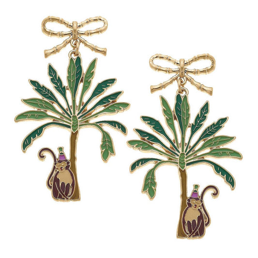 Canvas Style - Women's Henley Enamel Monkey with Palm Tree Earrings
