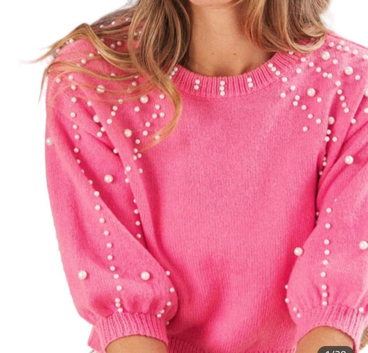 Bibi - Pearl Beaded Short Sleeve Sweater Top