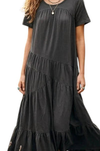 SurelyMine Savannah Vintage Relaxed Cotton Tiered Maxi Dress in black - women's dress - detail view
