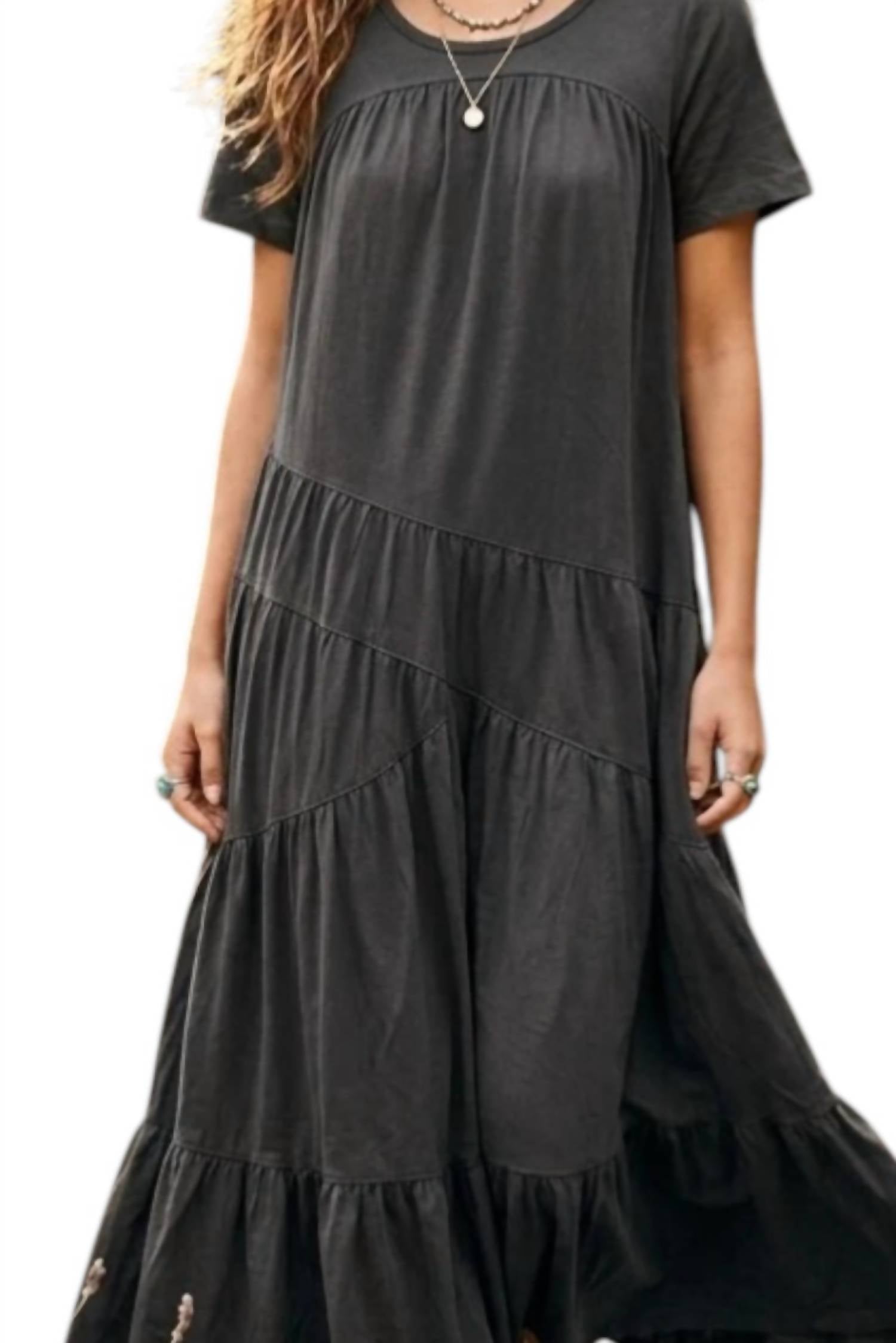 SurelyMine Savannah Vintage Relaxed Cotton Tiered Maxi Dress in black - women's dress - detail view