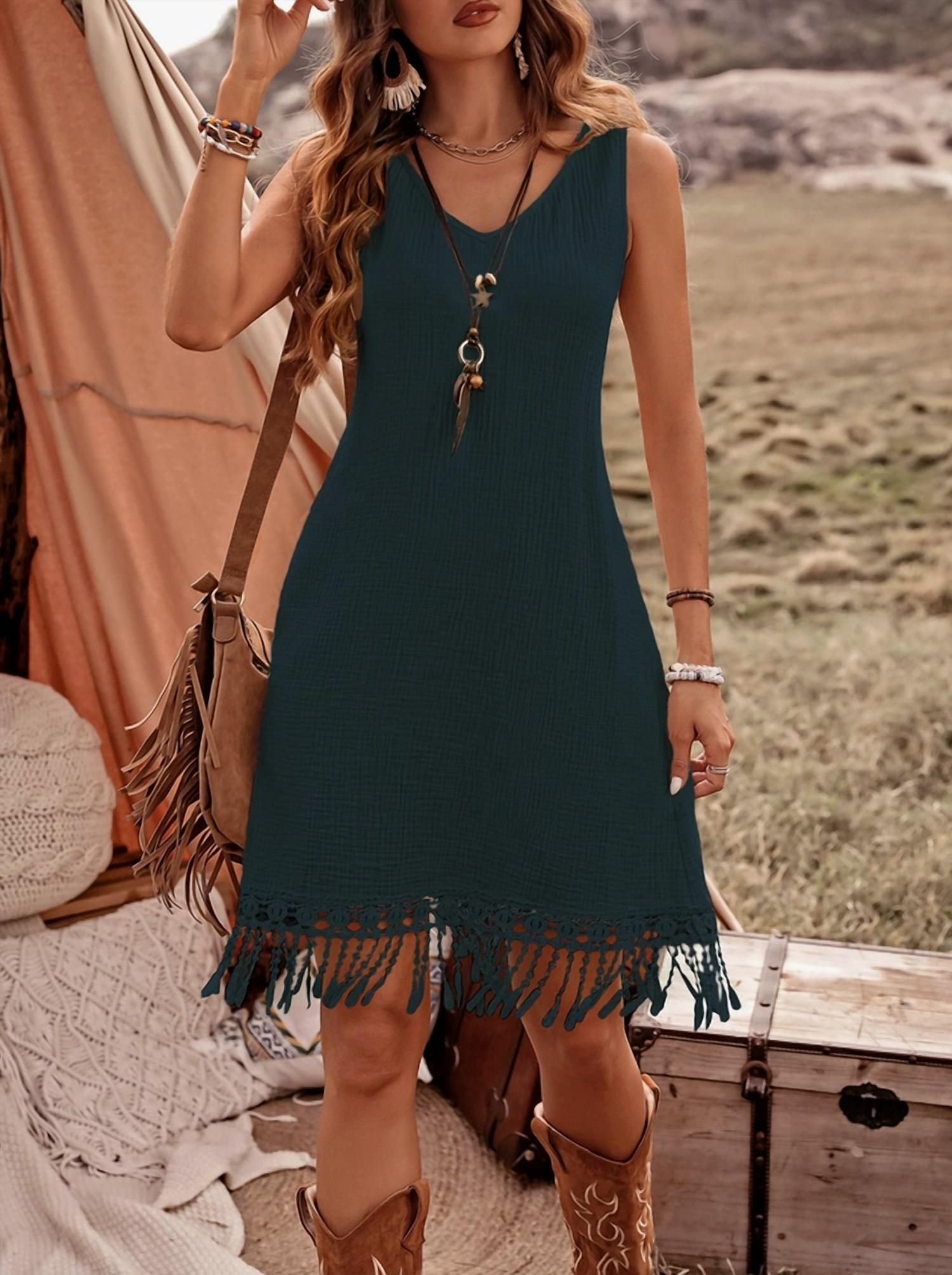 Newself Collection Bohemian Fringed Sleeveless Dress in dark teal - women's dress