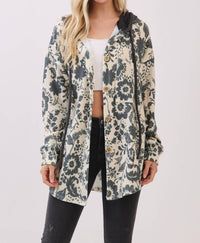 Bombom - Floral Ribbed Knit Hoodie Shacket