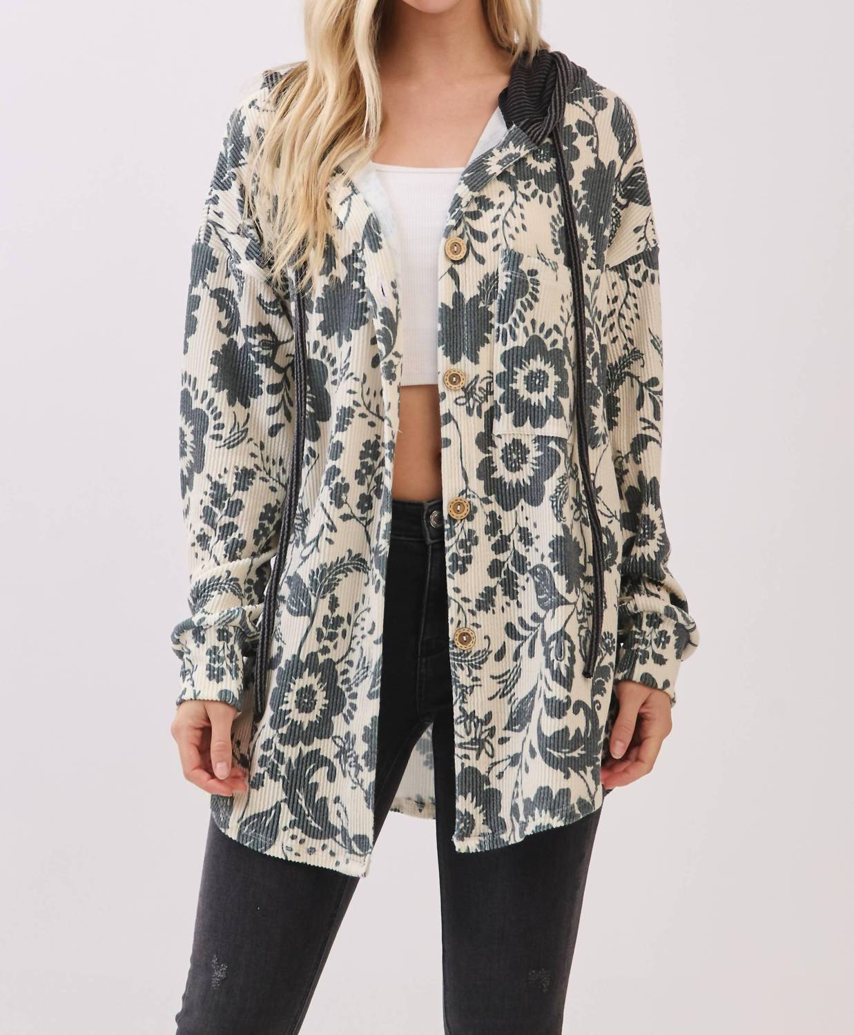 Bombom - Floral Ribbed Knit Hoodie Shacket
