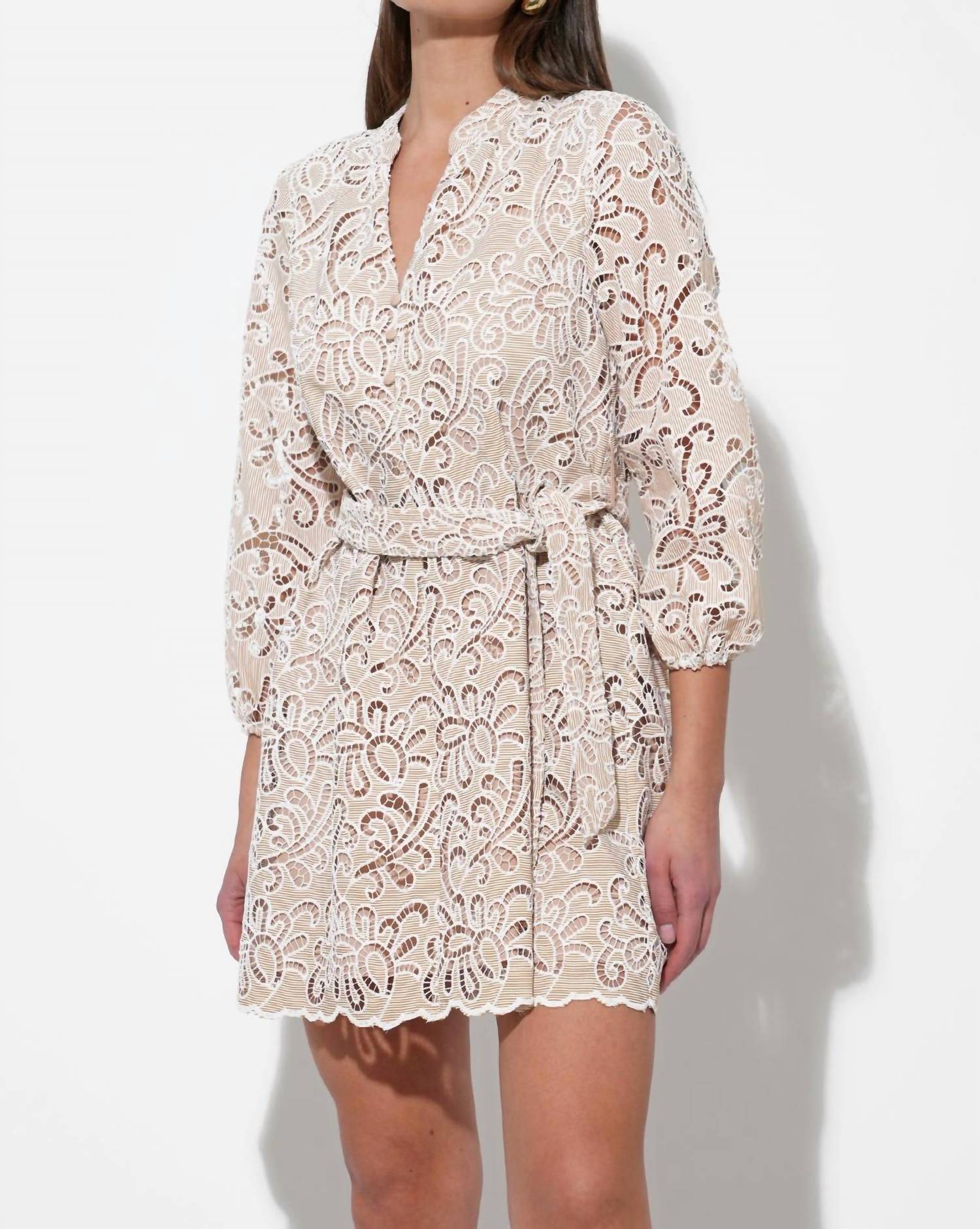 Adelyn Rae - Lina Embroidered Eyelet Scalloped Belted Dress