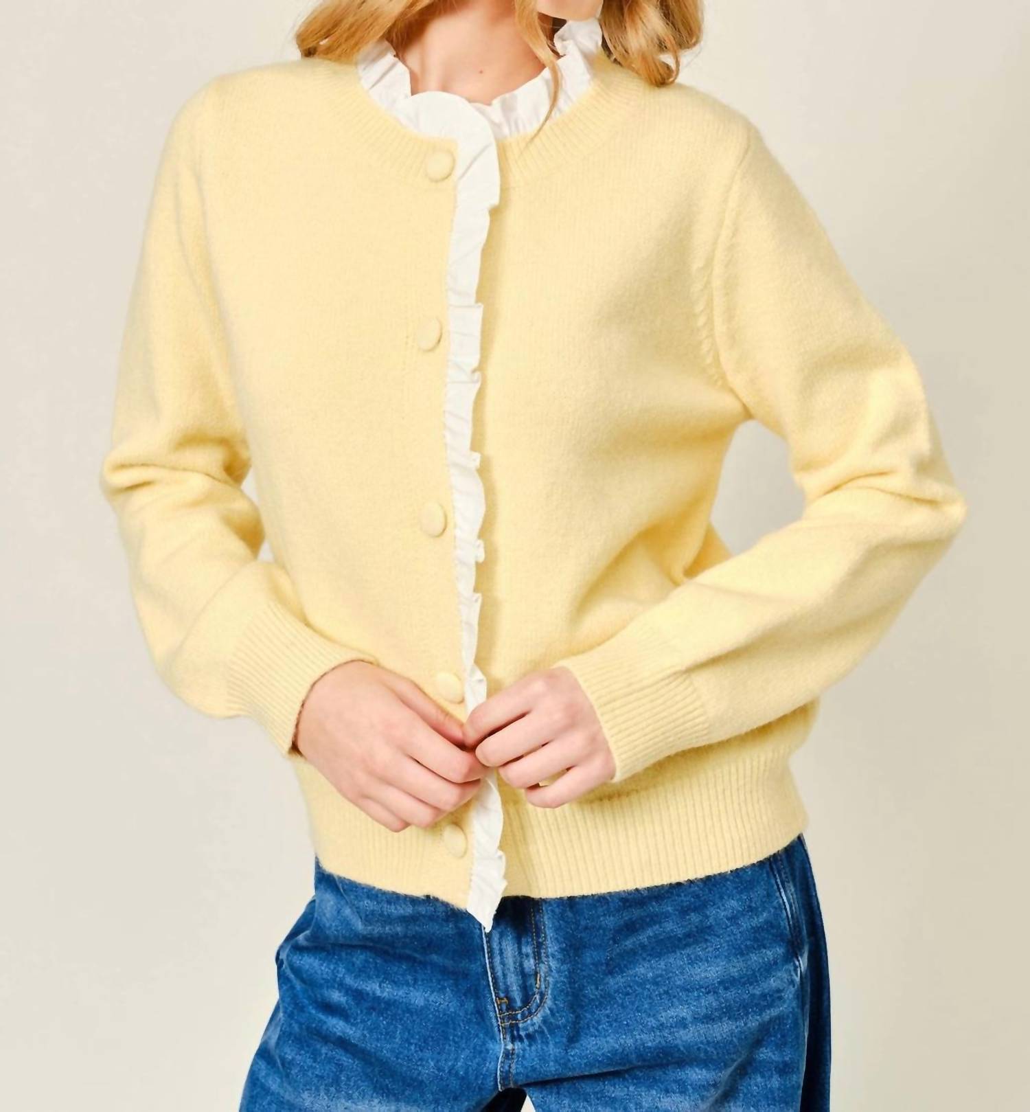 Aaron & Amber Ruffle Trim Long Sleeve Cardigan in yellow - women's cardigan