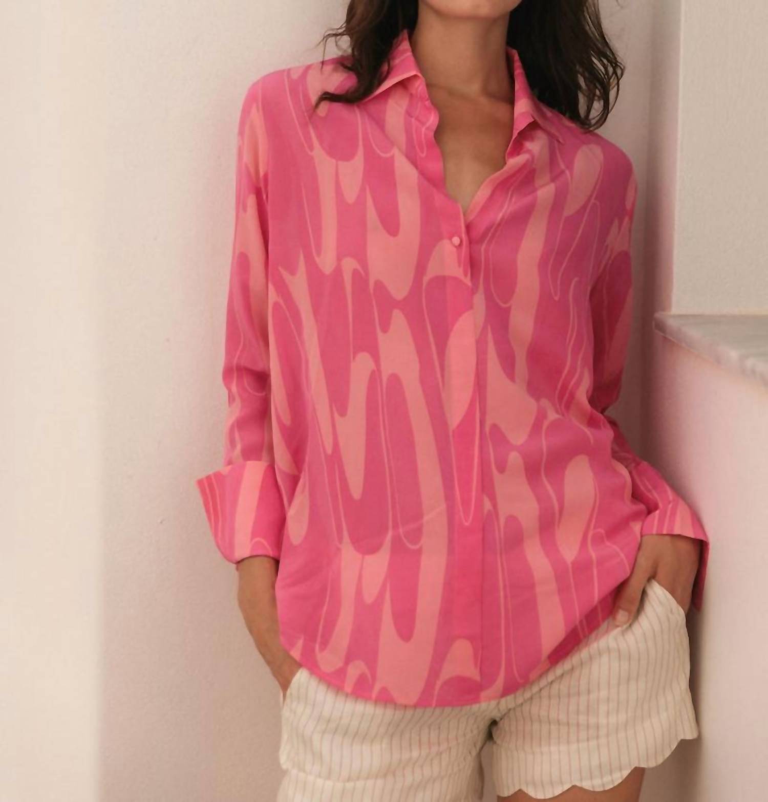 catherine gee Daria French Cuff Silk Blouse in pink deco - women's blouse