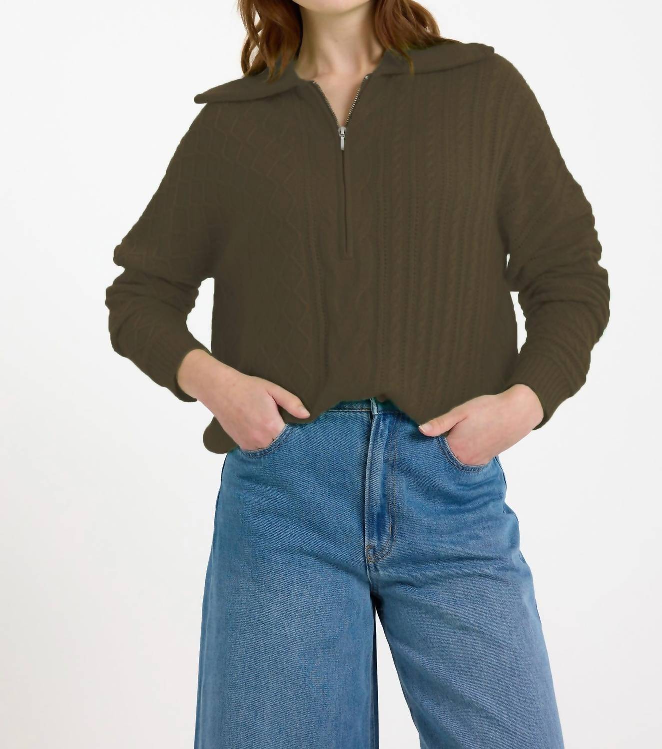 Brodie Cashmere - Mixed Cable Half Zip Sweater