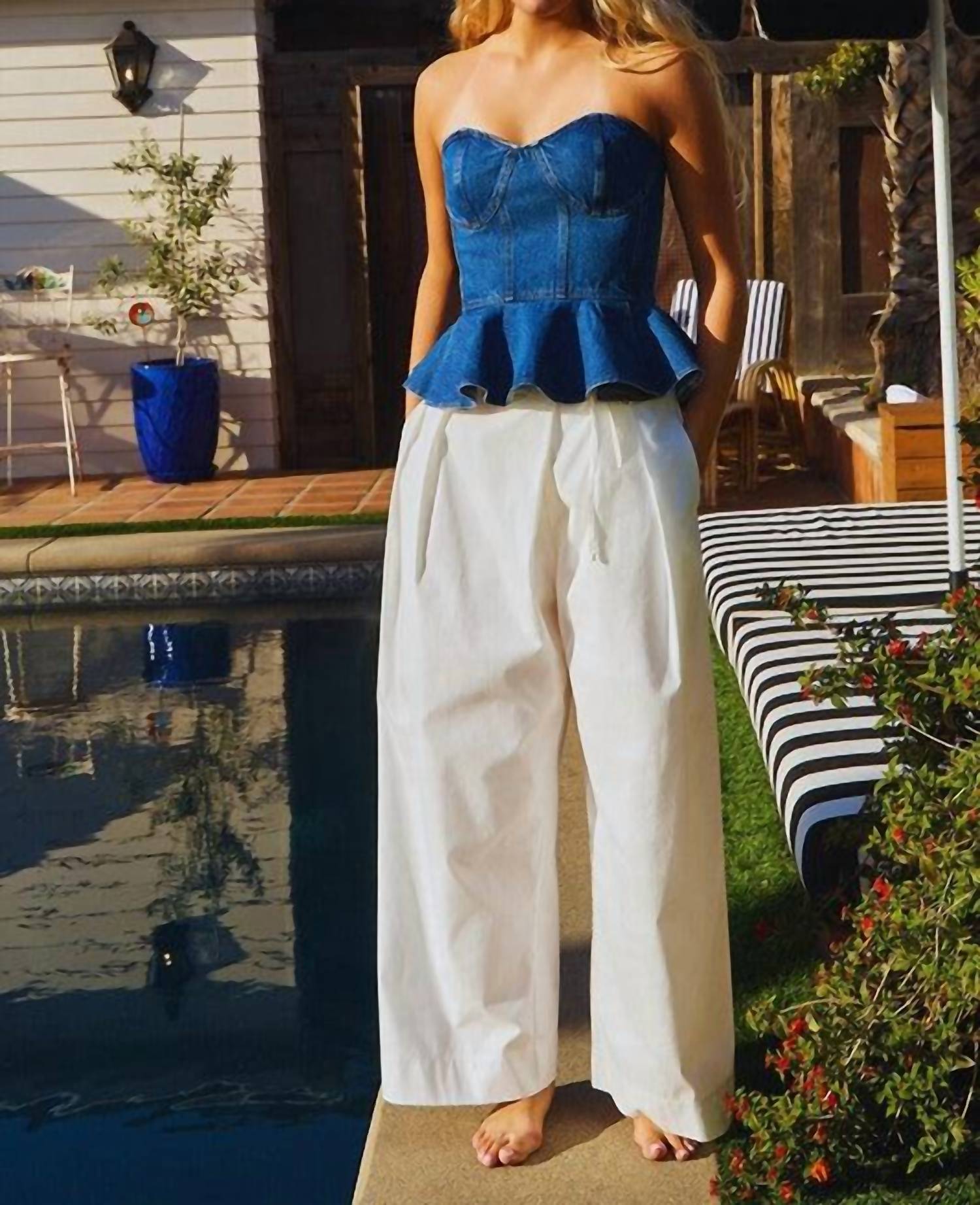 Bucketlist - Denim Strapless Bustier Peplum Top