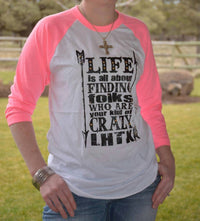 LHTX Life Is About Finding Folks Top in pink white - women's long sleeve top - detail view