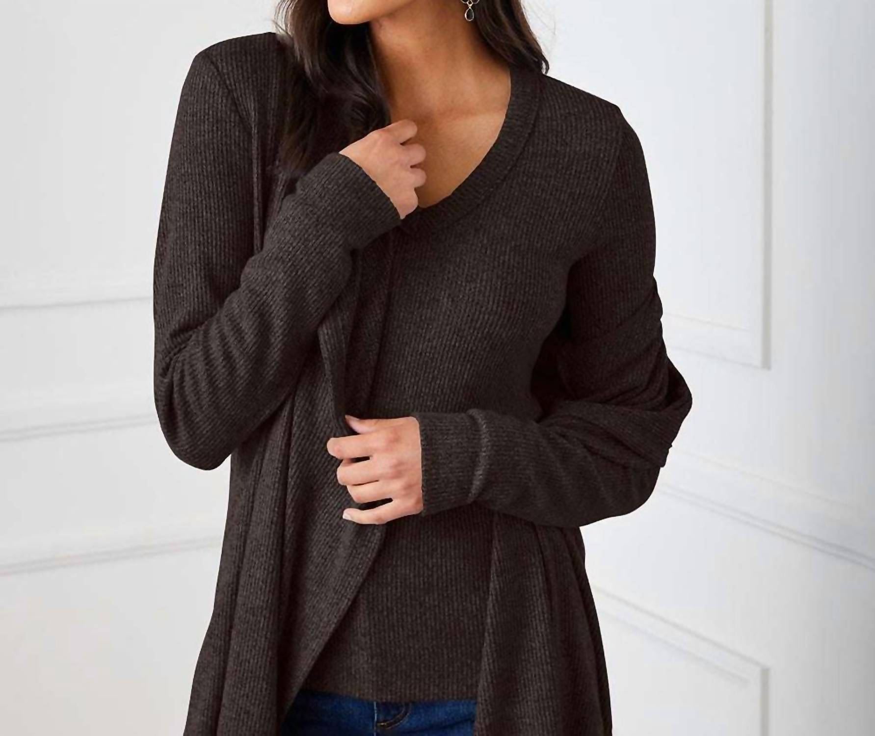 Karen Kane Long Sleeve Ribbed V-Neck Top in brown - women's long sleeve top - view 6