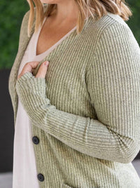 Michelle Mae Women's Button-front Rachel Ribbed Cardigan in sage - women's cardigan - detail view