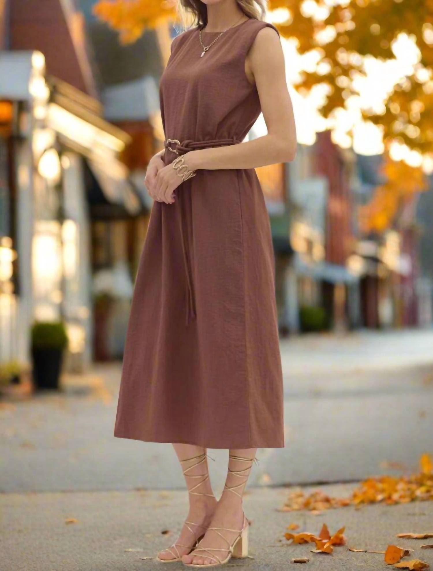 entro Belted Midi Dress With Accent Fastener in espresso - women's dress - alternate view