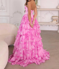 Ava Presley Bask Waist Floral Ballgown in pink white - women's dress - detail view