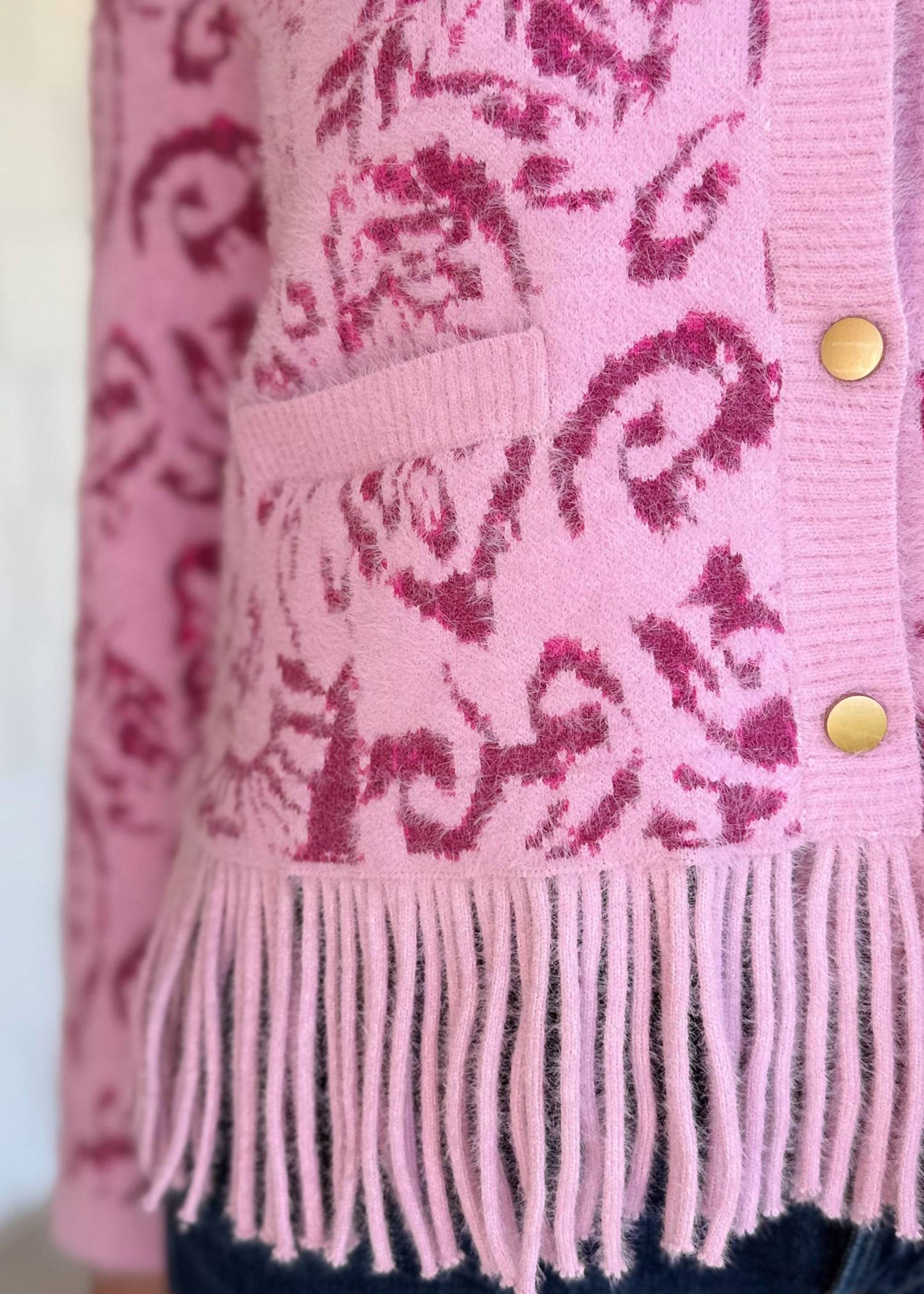 Fate The Evelyn Fringe Cardigan in pink paisley - women's cardigan - alternate view