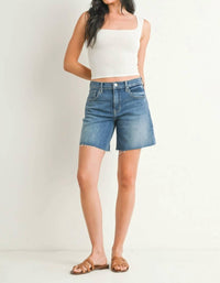 JUST BLACK DENIM Mid Rise Bermuda Shorts in medium denim - women's shorts - detail view