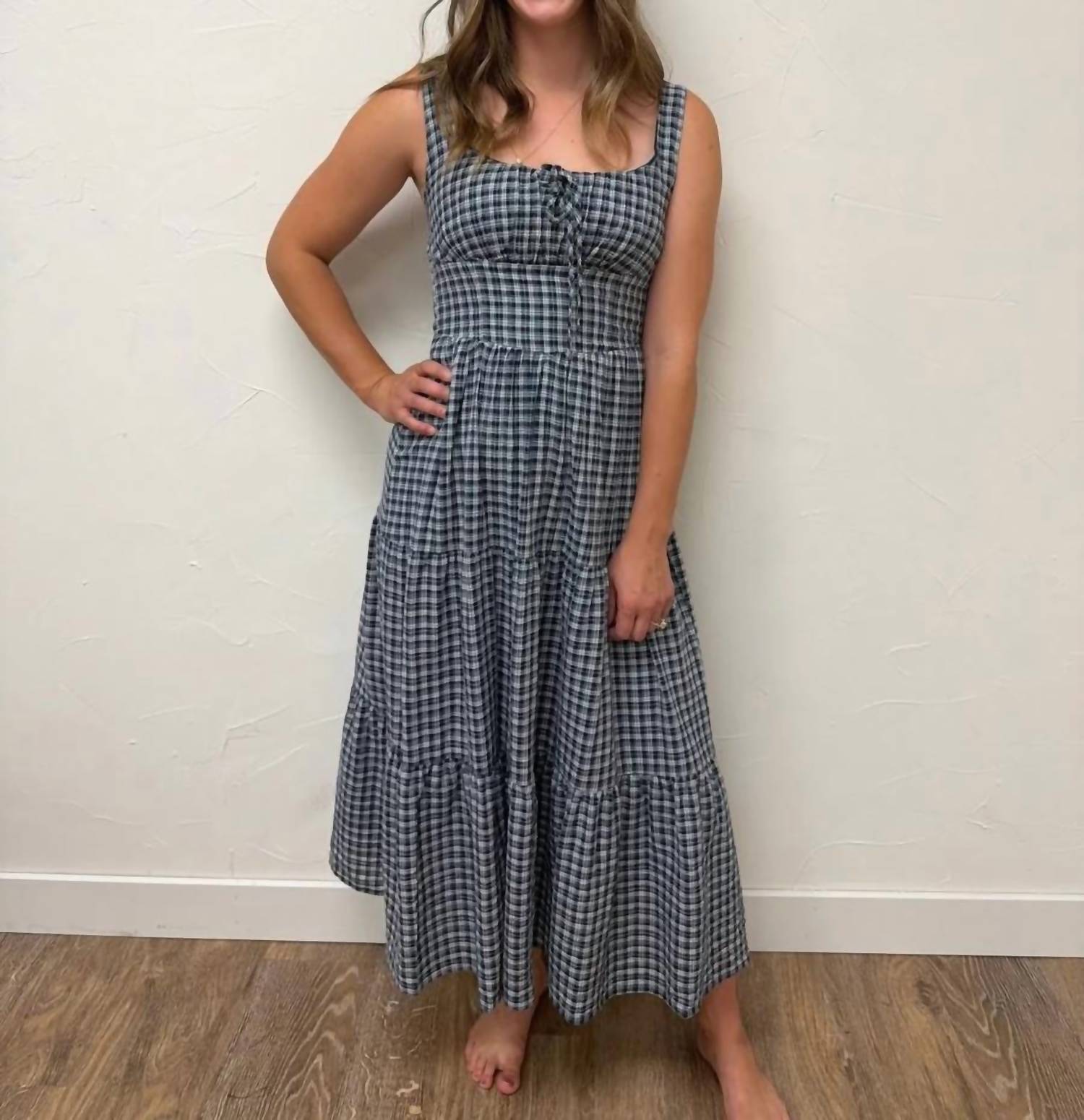 Blu Pepper - Plaid Front Tie Corset Detail Midi Dress