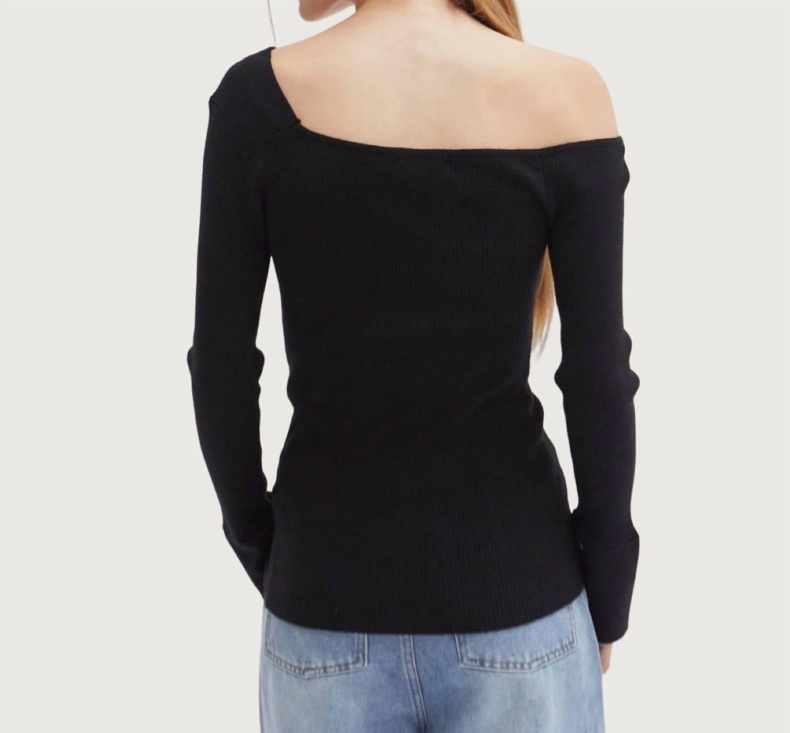 CRESCENT Monica One Shoulder Top in black - women's long sleeve top - detail view