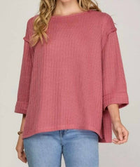 SHE + SKY Women's Folded Sleeve Knit Top in dusty rose - women's long sleeve top