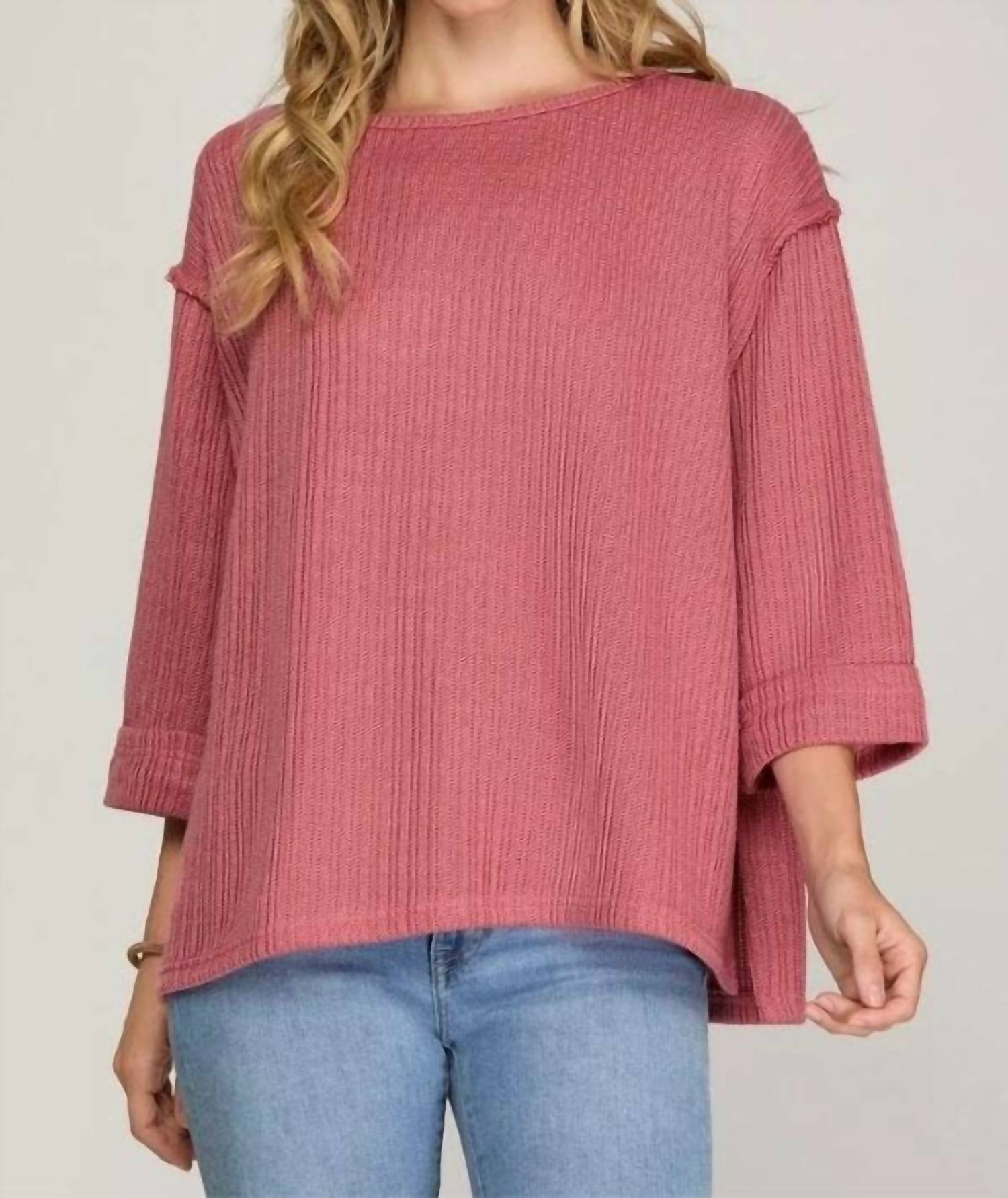 SHE + SKY Women's Folded Sleeve Knit Top in dusty rose - women's long sleeve top