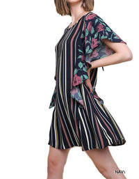 Umgee - Striped & Floral Ruffle Sleeve Dress