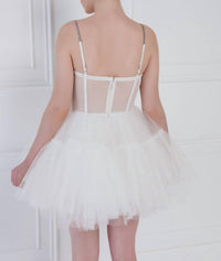 Kikiriki Cora Boned Fishnet Bustier Tulle Mini Dress in white - women's dress - detail view