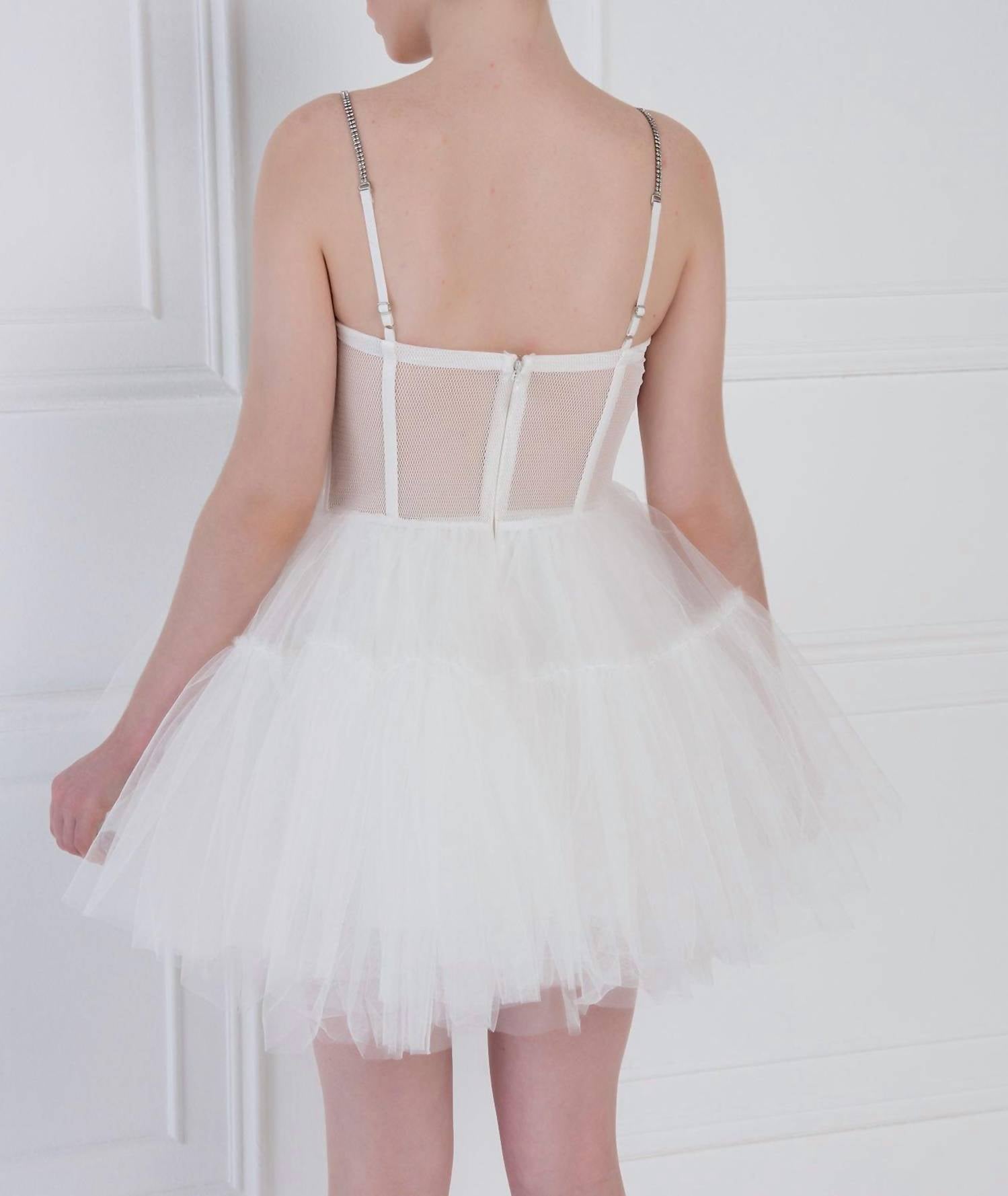 Kikiriki Cora Boned Fishnet Bustier Tulle Mini Dress in white - women's dress - detail view