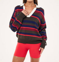 P.E. NATION Retreat Collar Knit Top in multi color stripe - women's long sleeve top - detail view