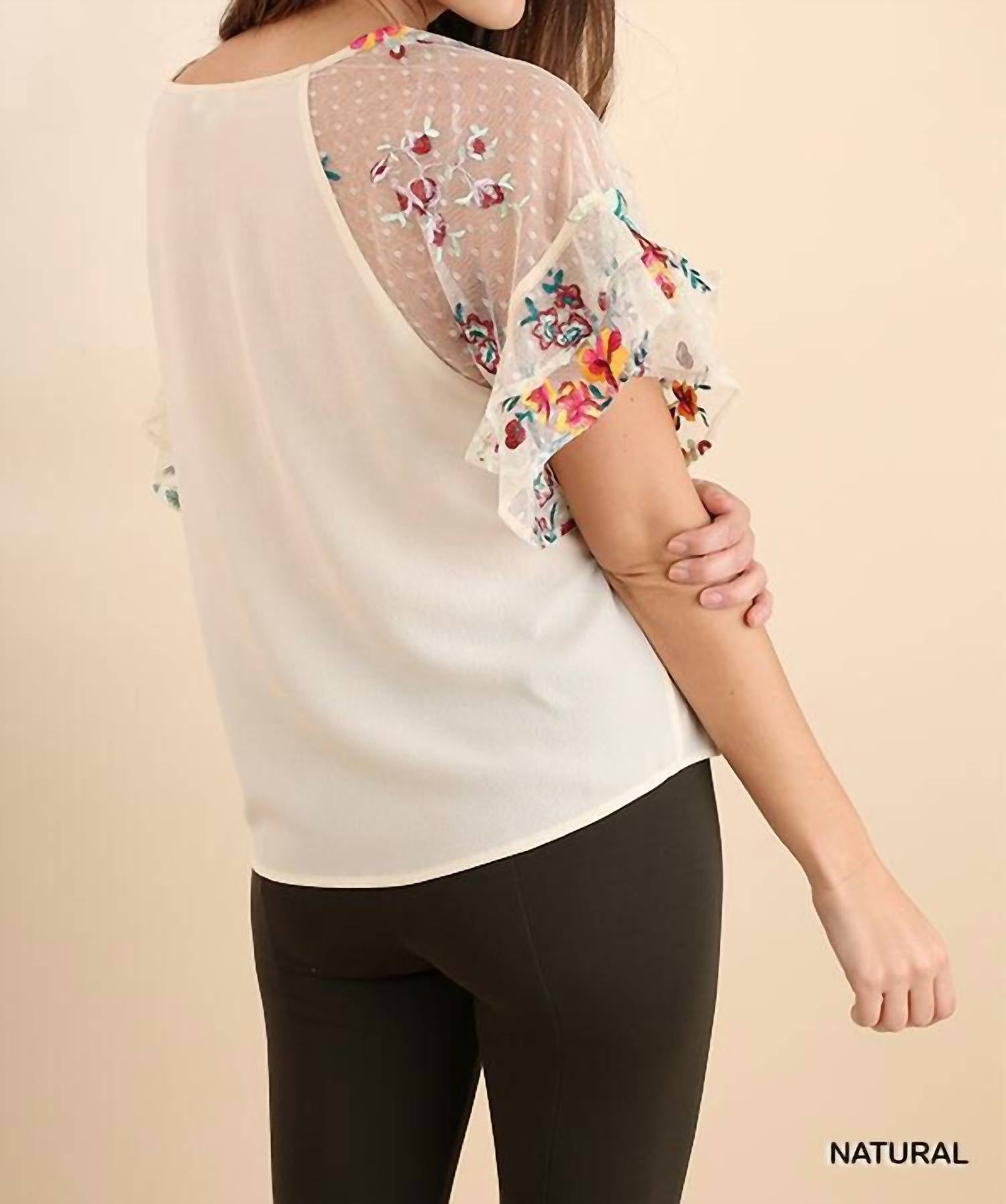 Umgee - Floral Embroidered Layered & Ruffled Sleeve Top