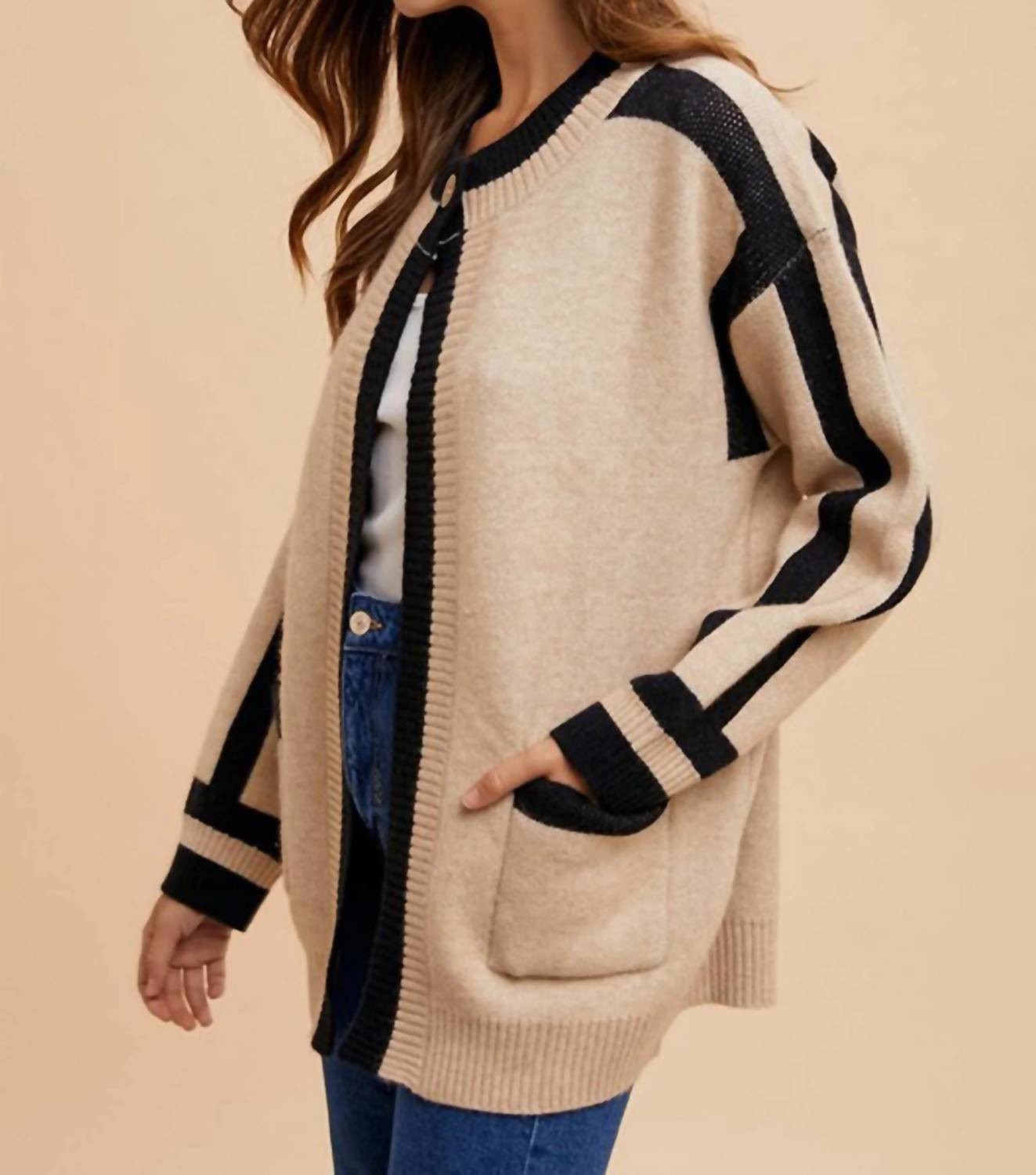 Anniewear - Contrast Trim Open Cardigan