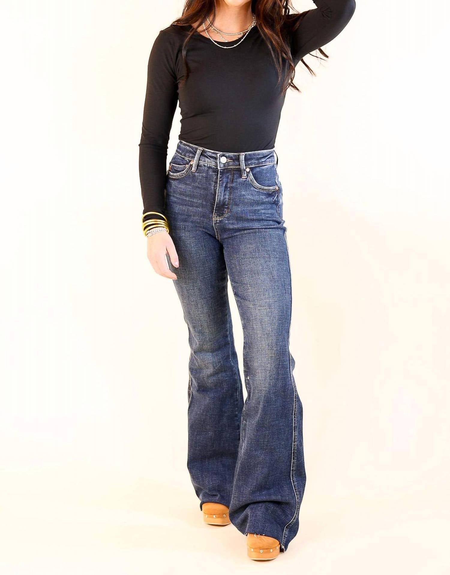 Judy Blue Tummy Control Shield Pocket Flares Jean in dark wash - women's jeans - detail view