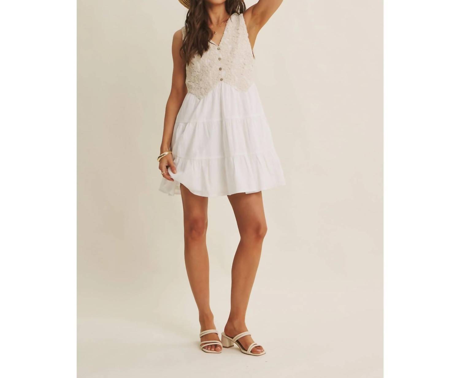 In February - French Picnic Mixed Media Crochet Mini Dress