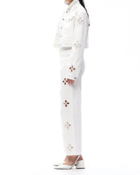 Bayeas - Eyelet And Pearl Embellished High Rise Straight Jeans