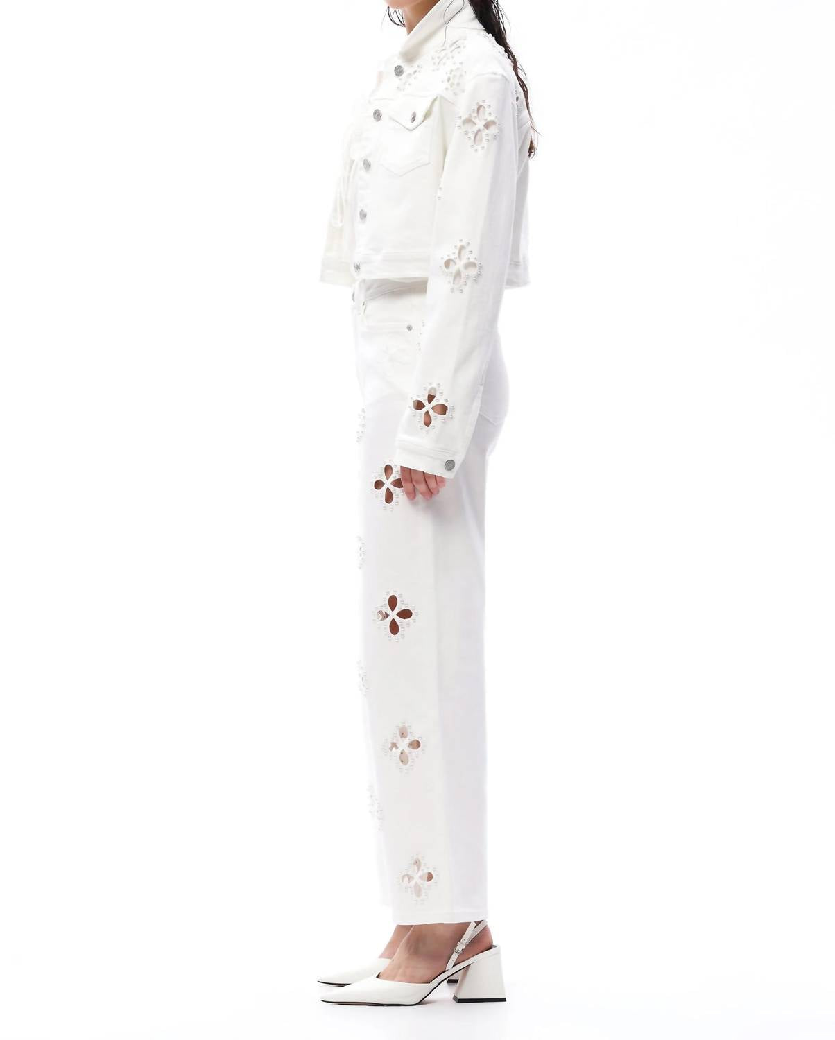 Bayeas - Eyelet And Pearl Embellished High Rise Straight Jeans