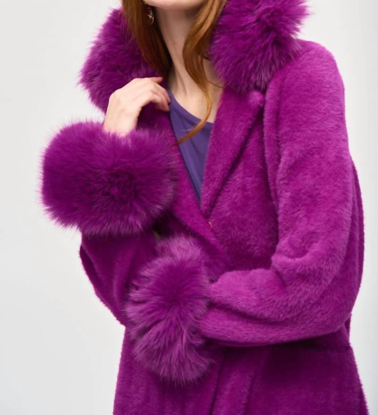 Joseph Ribkoff - Detachable Faux Fur Trim Long Sleeve Coat