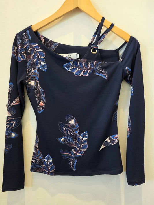 Vava - Women's Feather Print Asymmetrical Strappy Long Sleeve Top