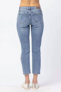 Judy Blue Distressed Boyfriend Fit Jeans in medium blue - women's jeans - detail view