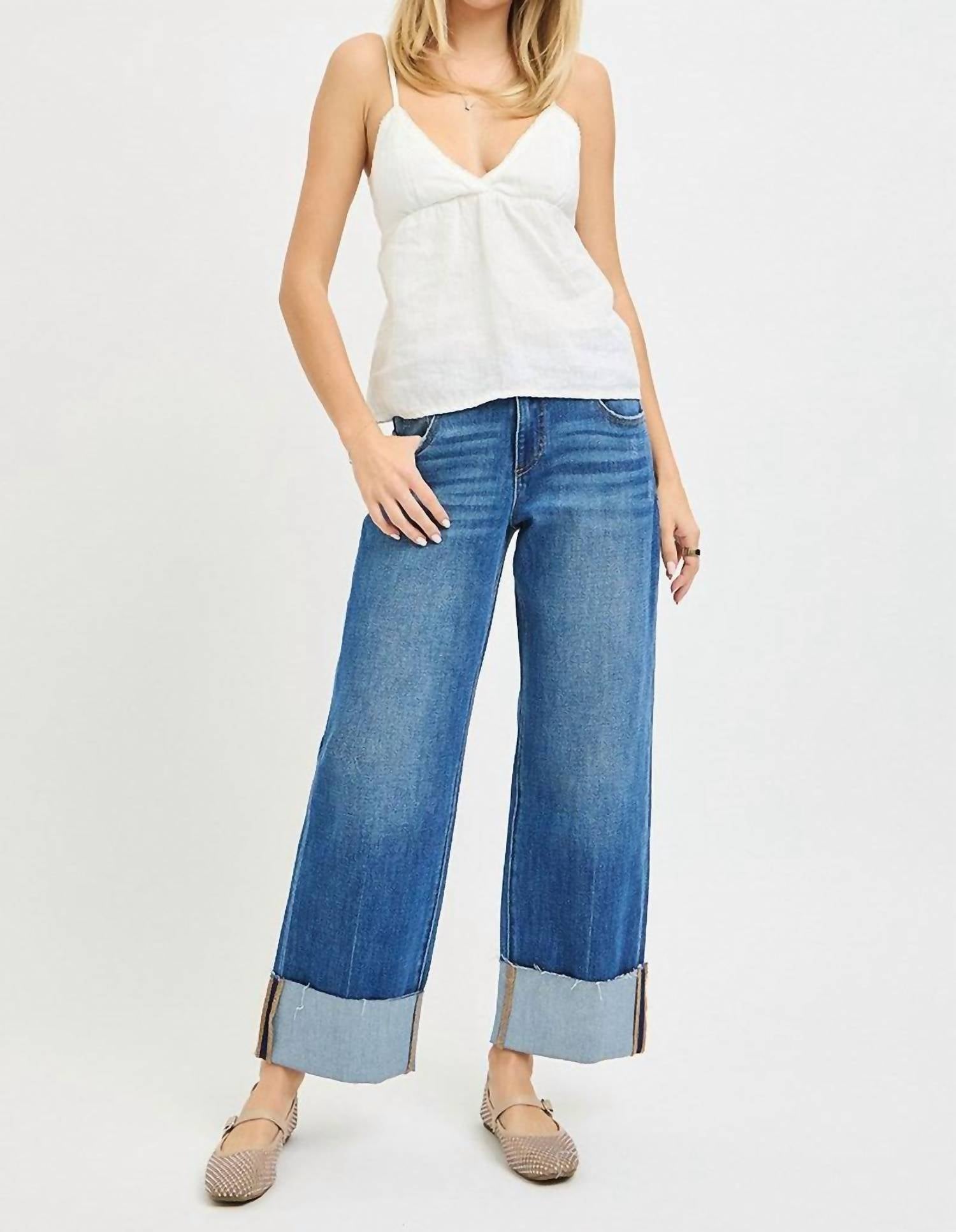 RISEN 4 Way Stretchy Mid Rise Cropped Cuffed Jean in med wash - women's jeans - view 5