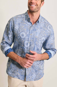 TOMMY BAHAMA Medallion Paisley Print Button-up Shirt in bering blue - men's shirt