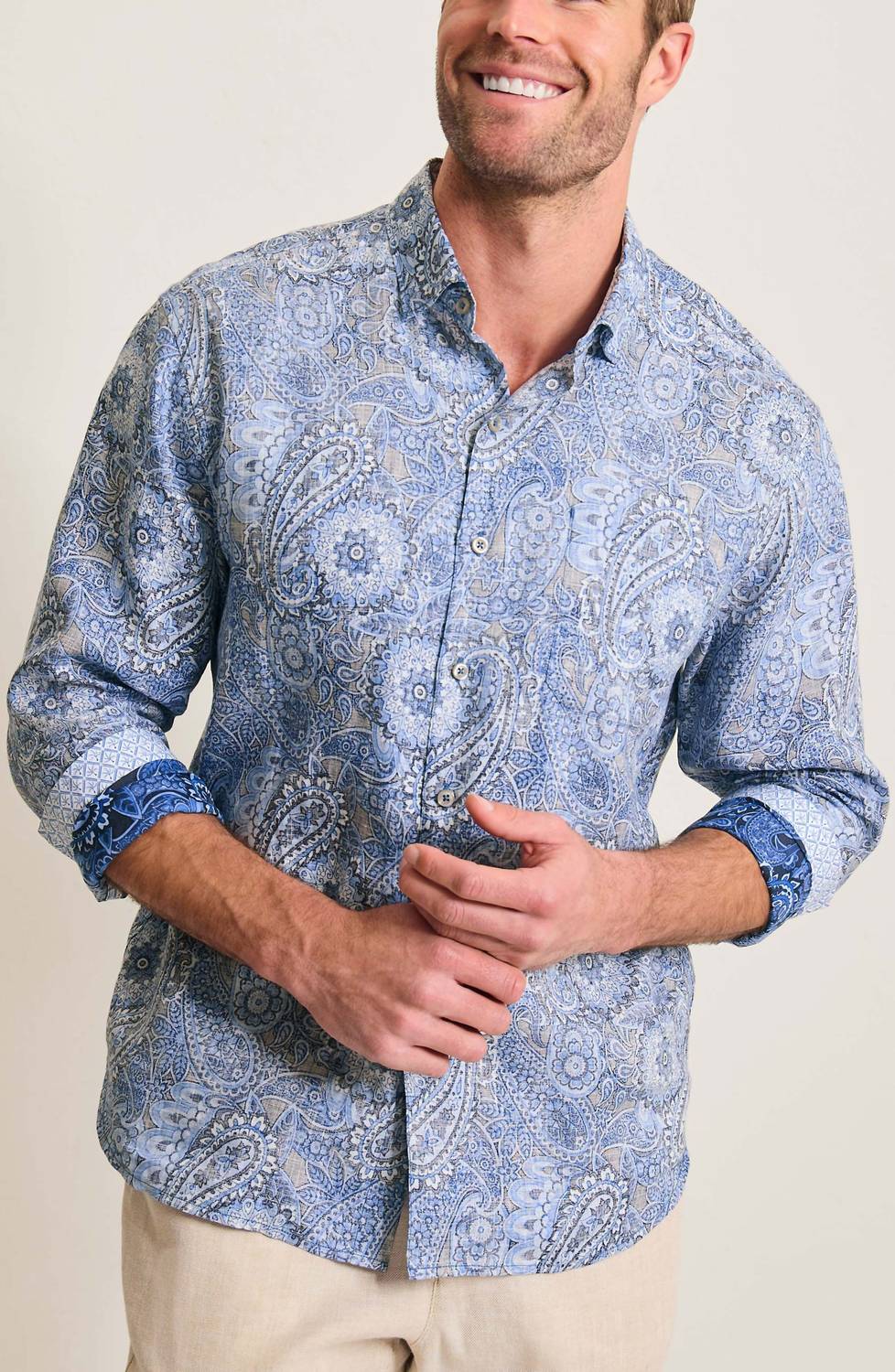 TOMMY BAHAMA Medallion Paisley Print Button-up Shirt in bering blue - men's shirt