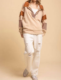 Blue Velvet Relaxed Fit Washed Multi Fabric Collared Top in tan - women's top - view 4