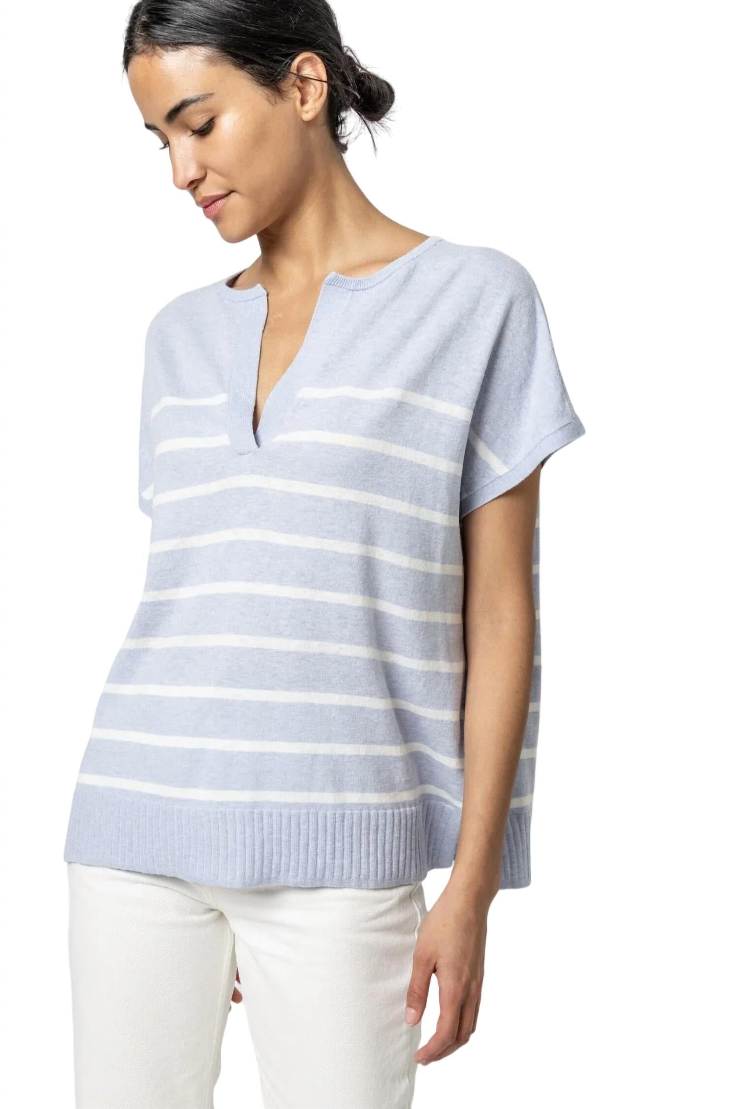Lilla P - Striped Split Neck Tunic Sweater