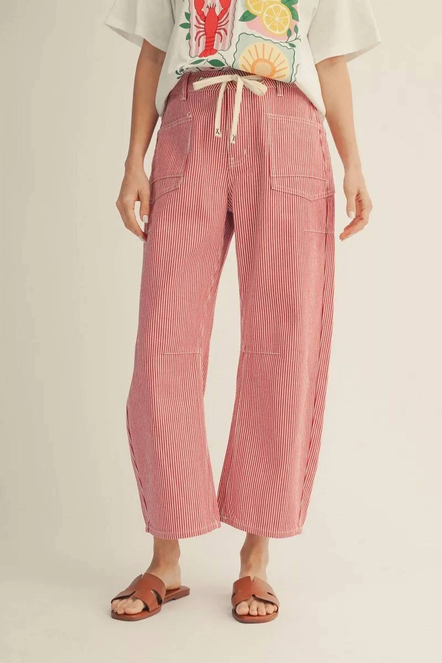 Jodifl - Women's Drawstring Waist Stripe Barrel Pants
