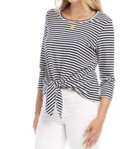 Karen Kane 3/4 SLEEVE TIE FRONT TOP in navy - women's blouse - detail view