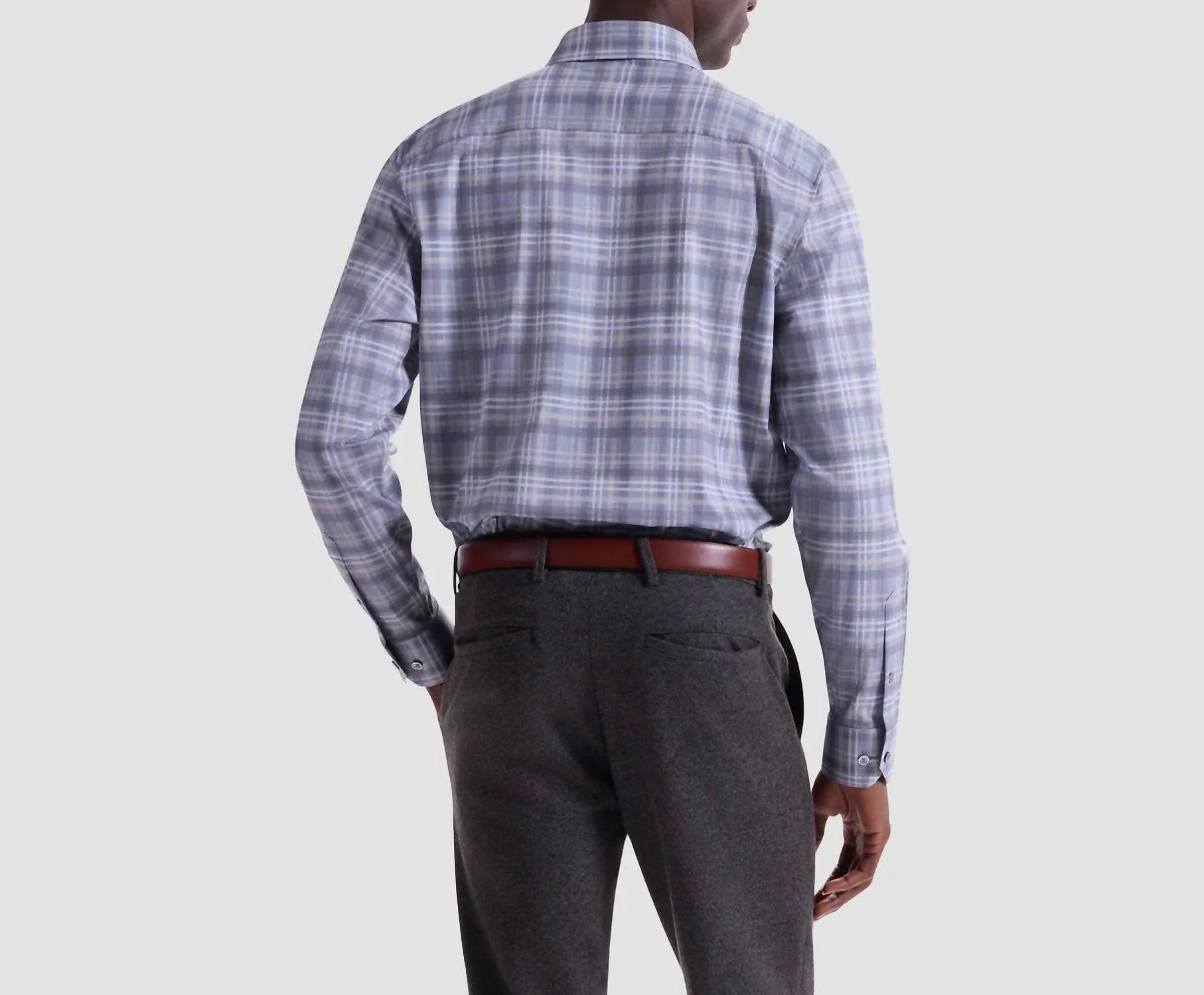 Bugatchi Uomo Herringbone Stacked Check 8 Way Stretch Shirt in cement - men's shirt - detail view