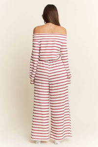 Jade By Jane - Off-shoulder Terry Striped Relaxed Fit Jumpsuit