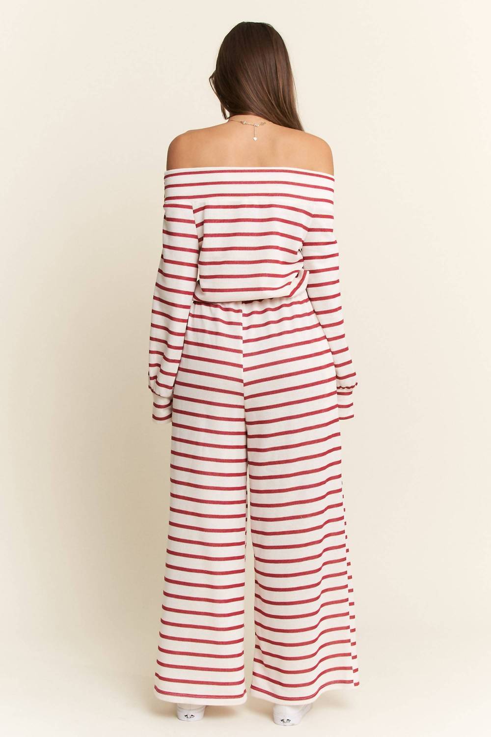 Jade By Jane - Off-shoulder Terry Striped Relaxed Fit Jumpsuit