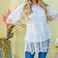 And The Why - Boho Floral Embroidered Mesh Tunic Top With Lining