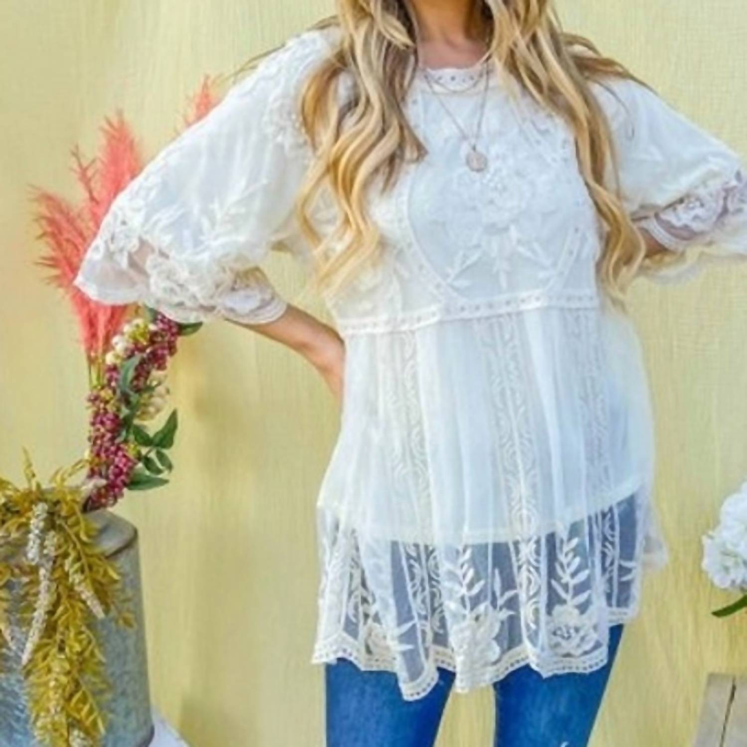 And The Why - Boho Floral Embroidered Mesh Tunic Top With Lining