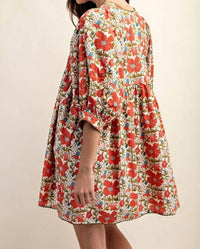 GiGiO Babydoll Blossom Floral Puff Sleeve Dress in coral cream - women's dress - detail view