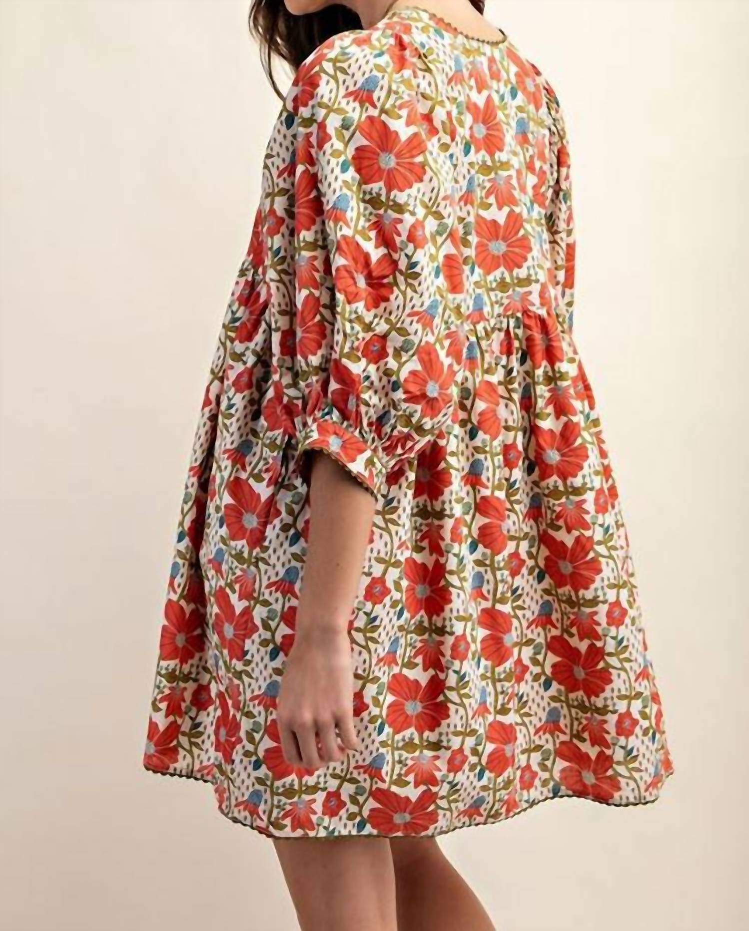 GiGiO Babydoll Blossom Floral Puff Sleeve Dress in coral cream - women's dress - detail view